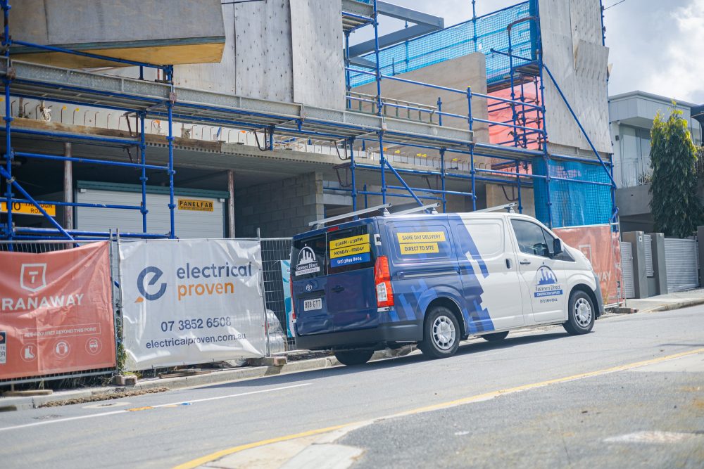 Fasteners Direct delivery van outside of buidling construction site